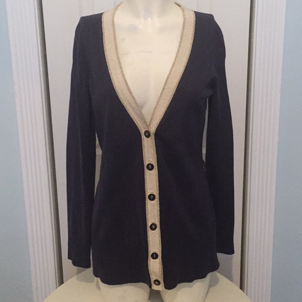 Ann Taylor cardigan in blue with shimmery trim